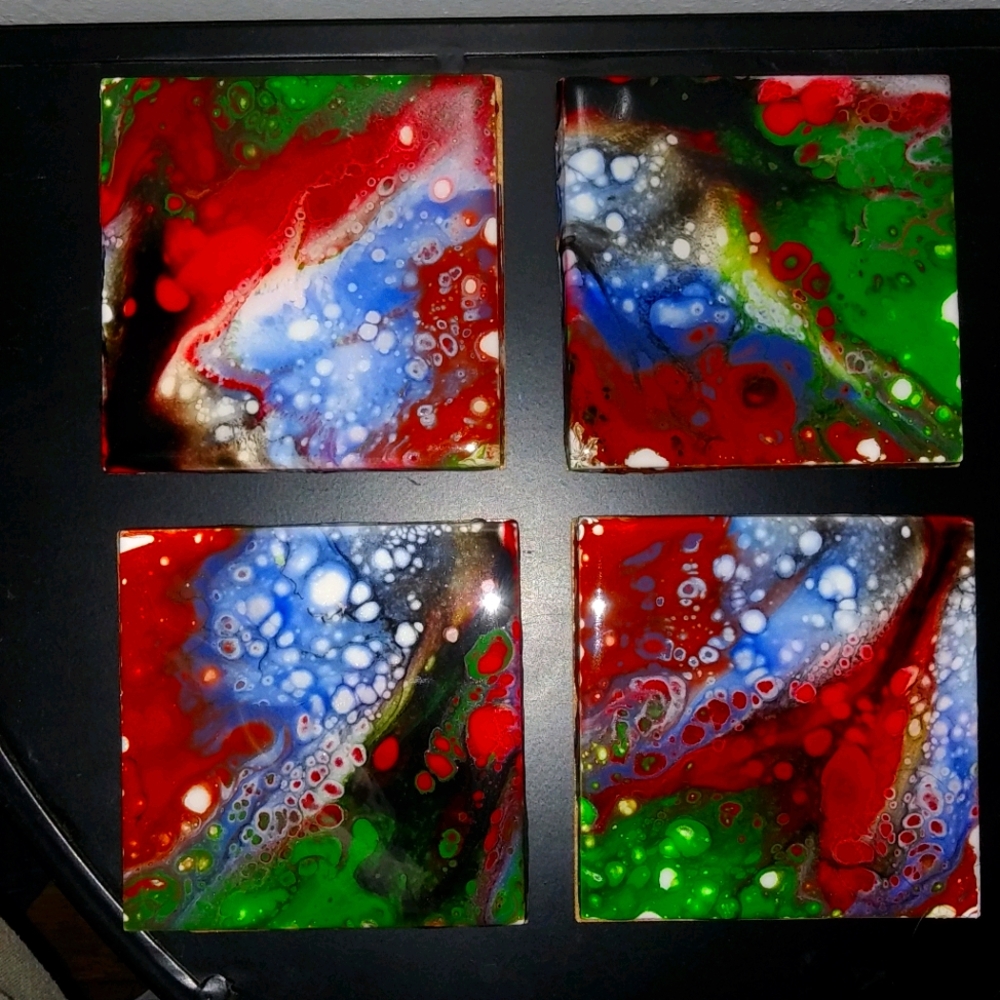 Acrylic painted tile coasters set of four artsy